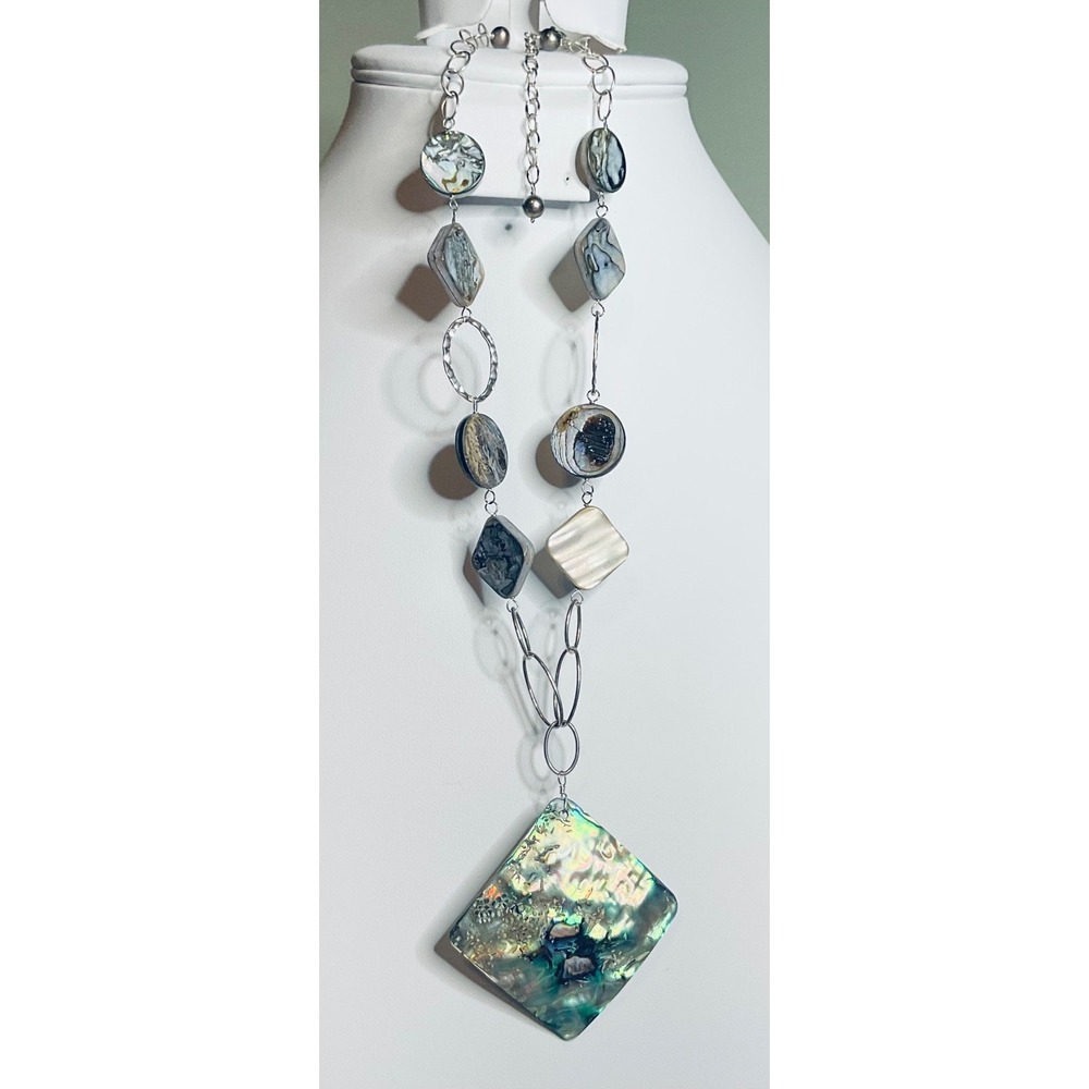 NWT 925 Silver NaturalABALONE SHELL18"Adjustable NECKLACE/Pendant Artisan UNIQUE